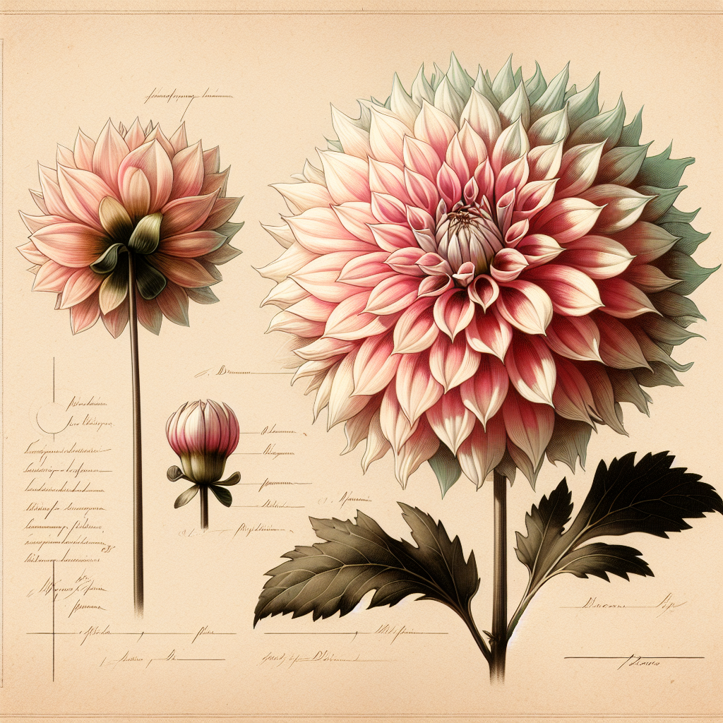 Botanical plate illustration of Camano Cloud dahlia, Pink Semi-Cactus