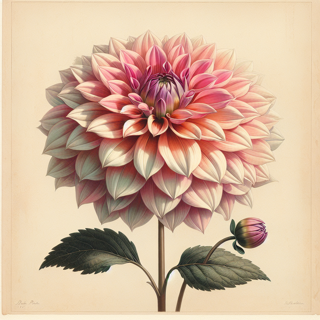 Botanical plate illustration of Camano Passion dahlia, Light Blend Semi-Cactus
