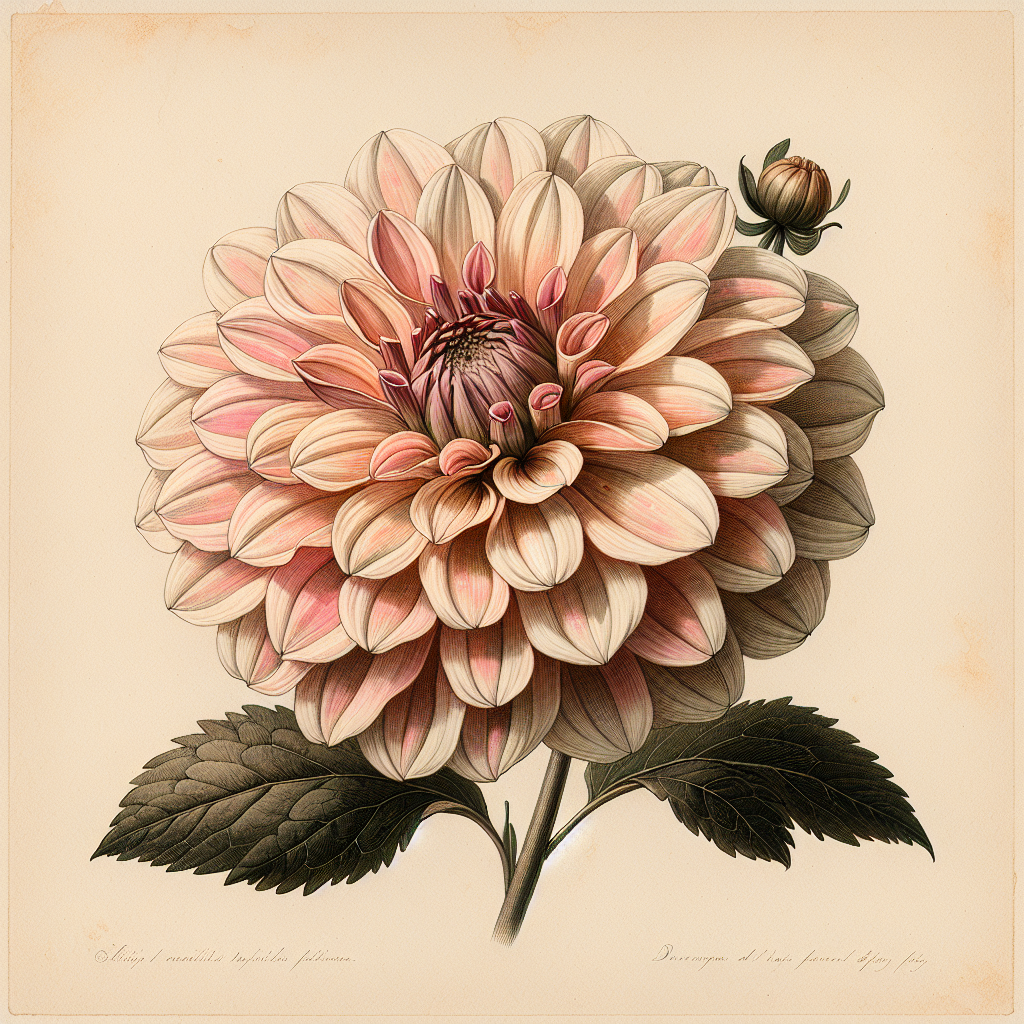 Botanical plate illustration of Camano Sitka dahlia, Light Blend Incurved Cactus
