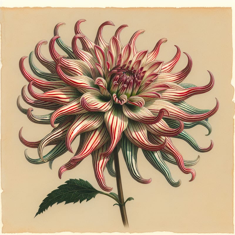 Botanical plate illustration of Candy Cane dahlia, Variegated Incurved Cactus