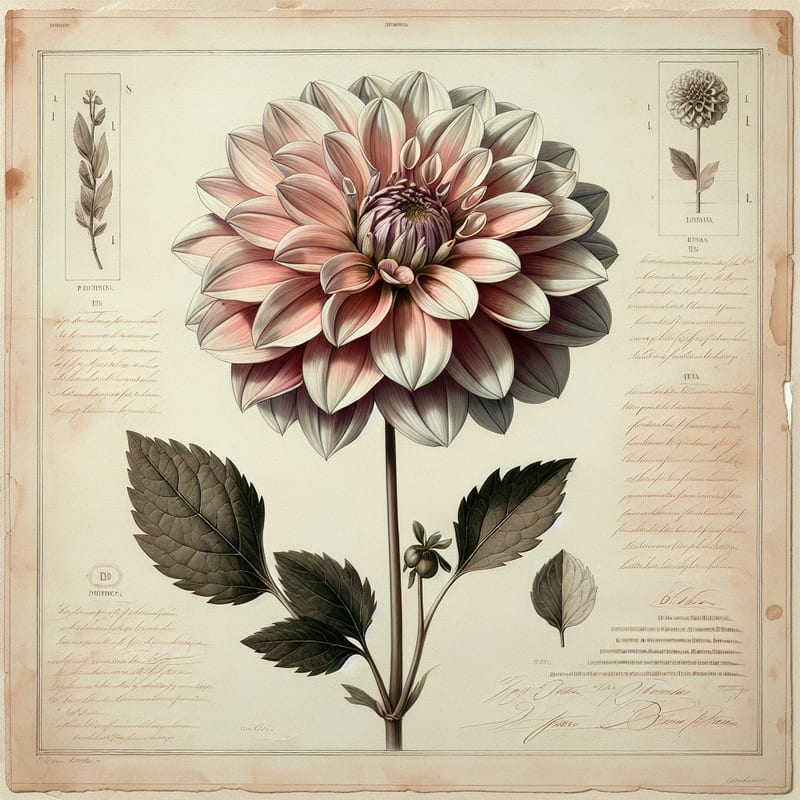 Botanical plate illustration of Candy Eyes dahlia, Bicolor Collarette