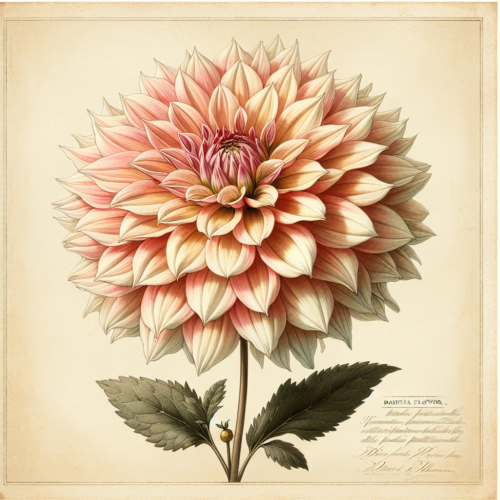 Botanical plate illustration of Candyman dahlia, Light Blend Semi-Cactus