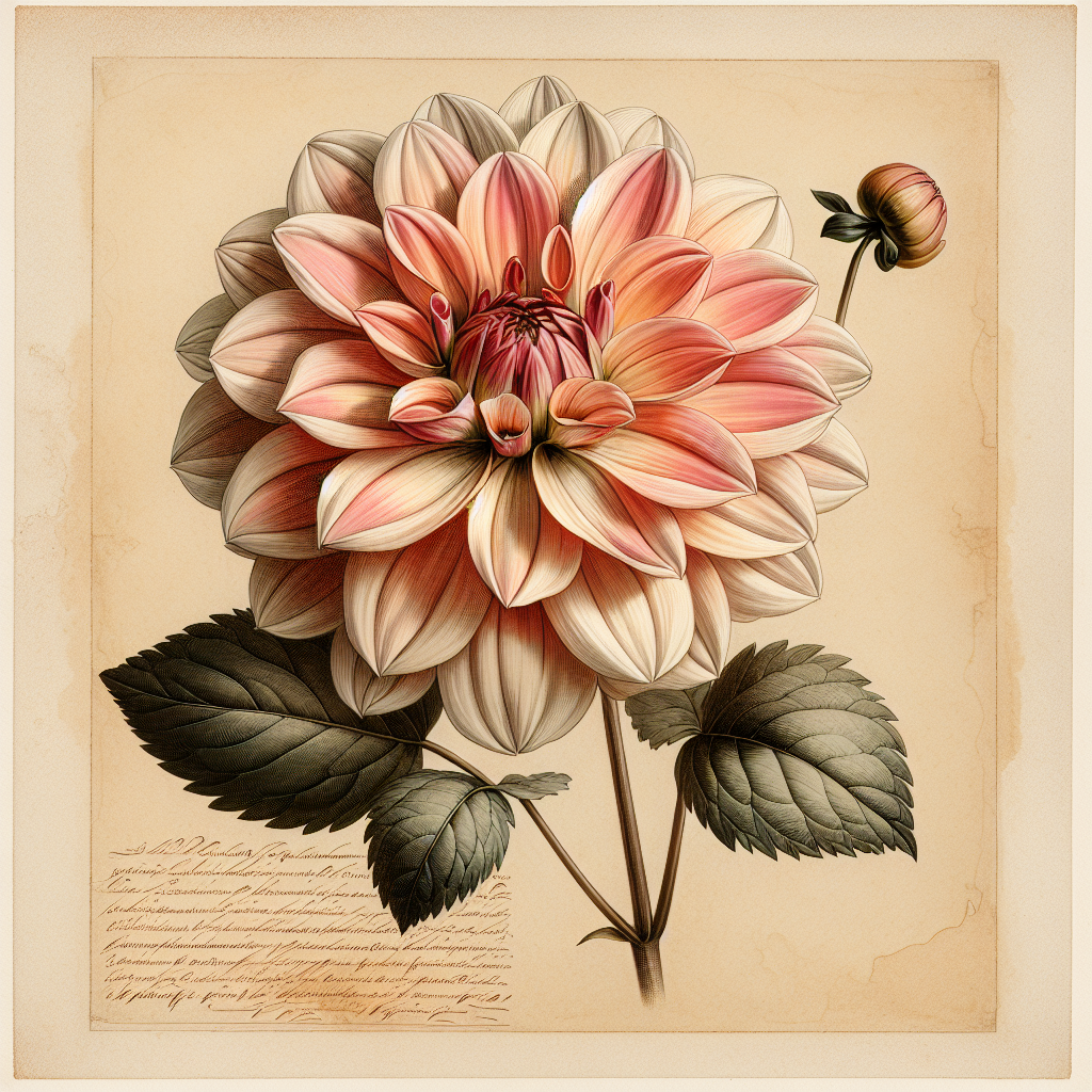 Botanical plate illustration of Carmen Peaches dahlia, Light Blend Informal Decorative