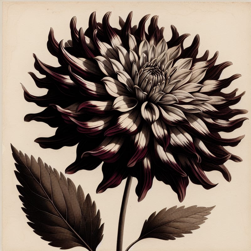 Botanical plate illustration of Chat Noir dahlia, Dark Red Straight Cactus