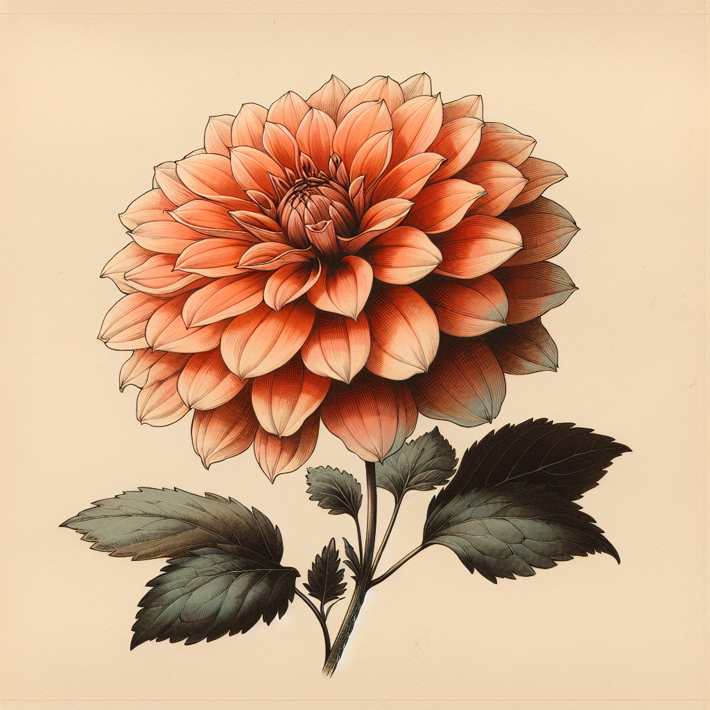 Botanical plate illustration of Chattenay Sunset dahlia, Orange Informal Decorative