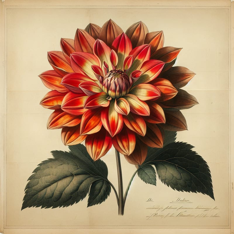 Botanical plate illustration of Cherokee Maiden dahlia, Flame Blend Formal Decorative
