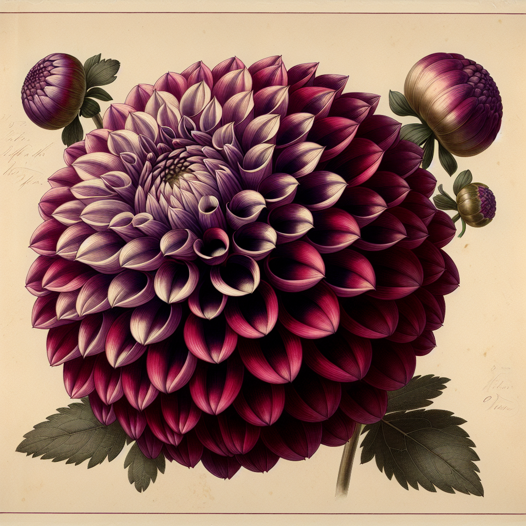 Botanical plate illustration of Chimacum Troy dahlia, Purple Informal Decorative