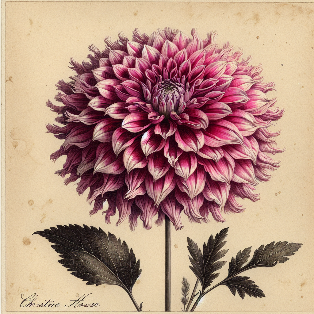Botanical plate illustration of Christine House dahlia, Dark Pink Laciniated