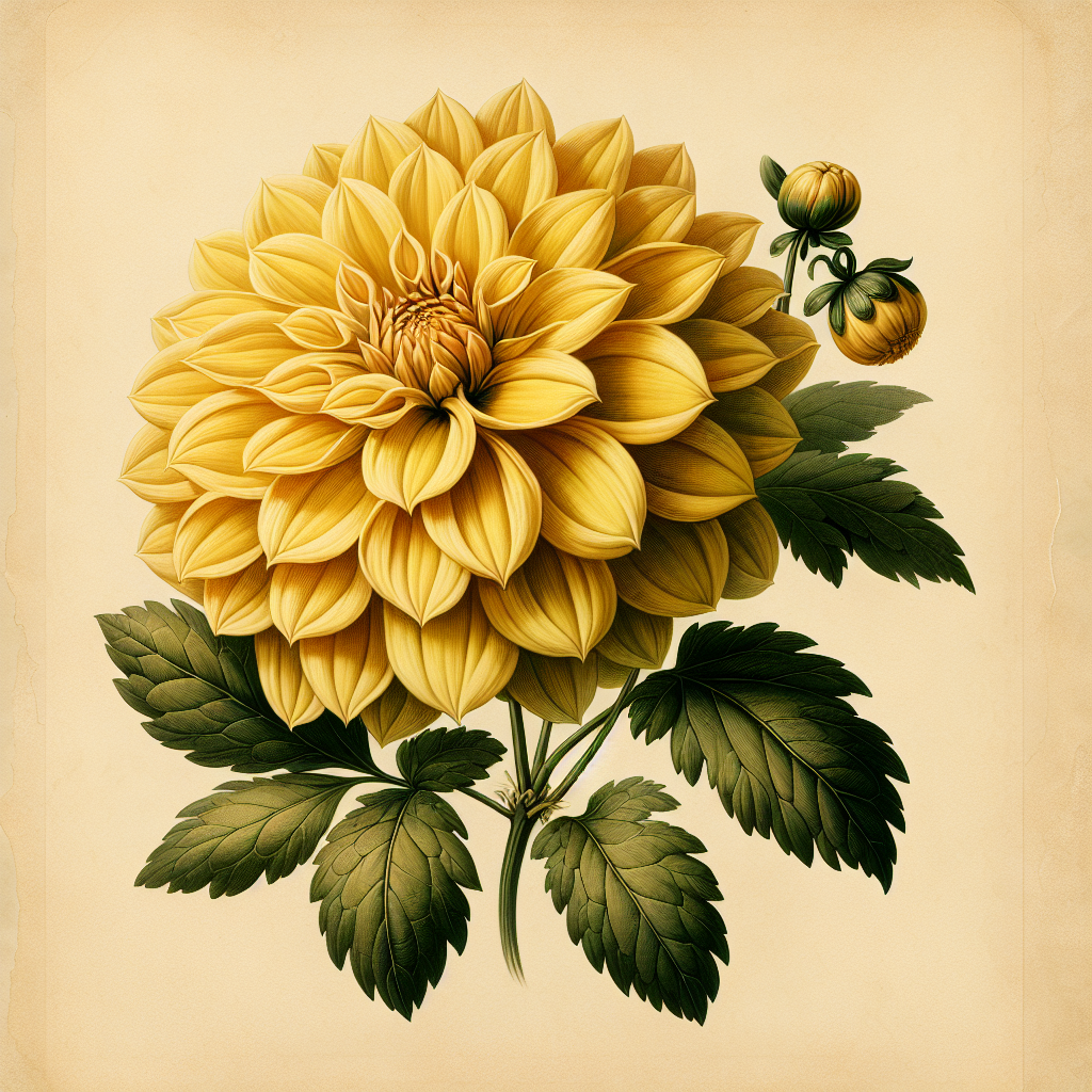 Botanical plate illustration of Classic Poeme dahlia, Yellow Formal Decorative