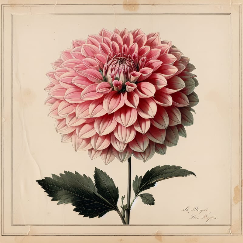 Botanical plate illustration of Classic Rosamunde dahlia, Pink Peony