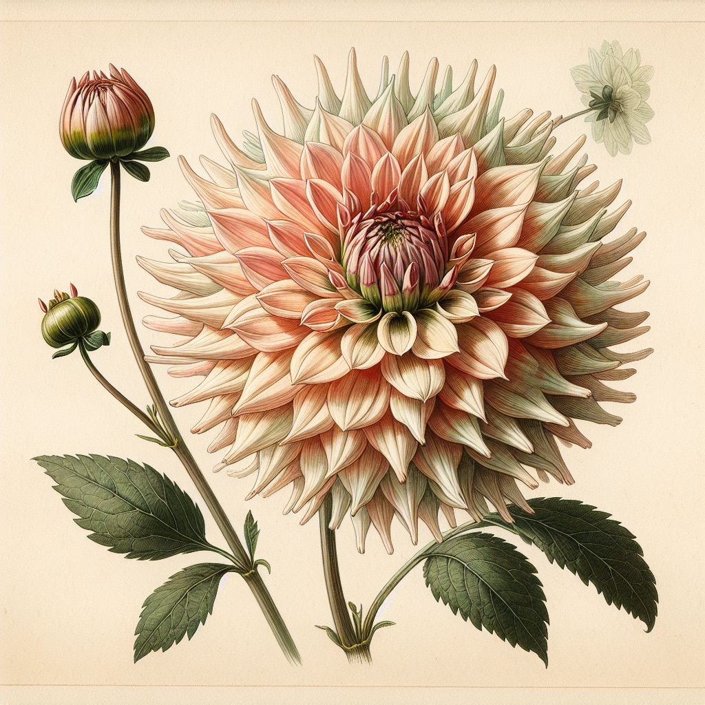Botanical plate illustration of Clearview Cameron dahlia, Light Blend Straight Cactus