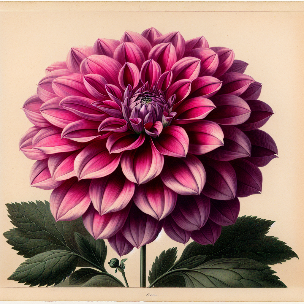 Botanical plate illustration of Clearview Carol Marie dahlia, Dark Pink Straight Cactus