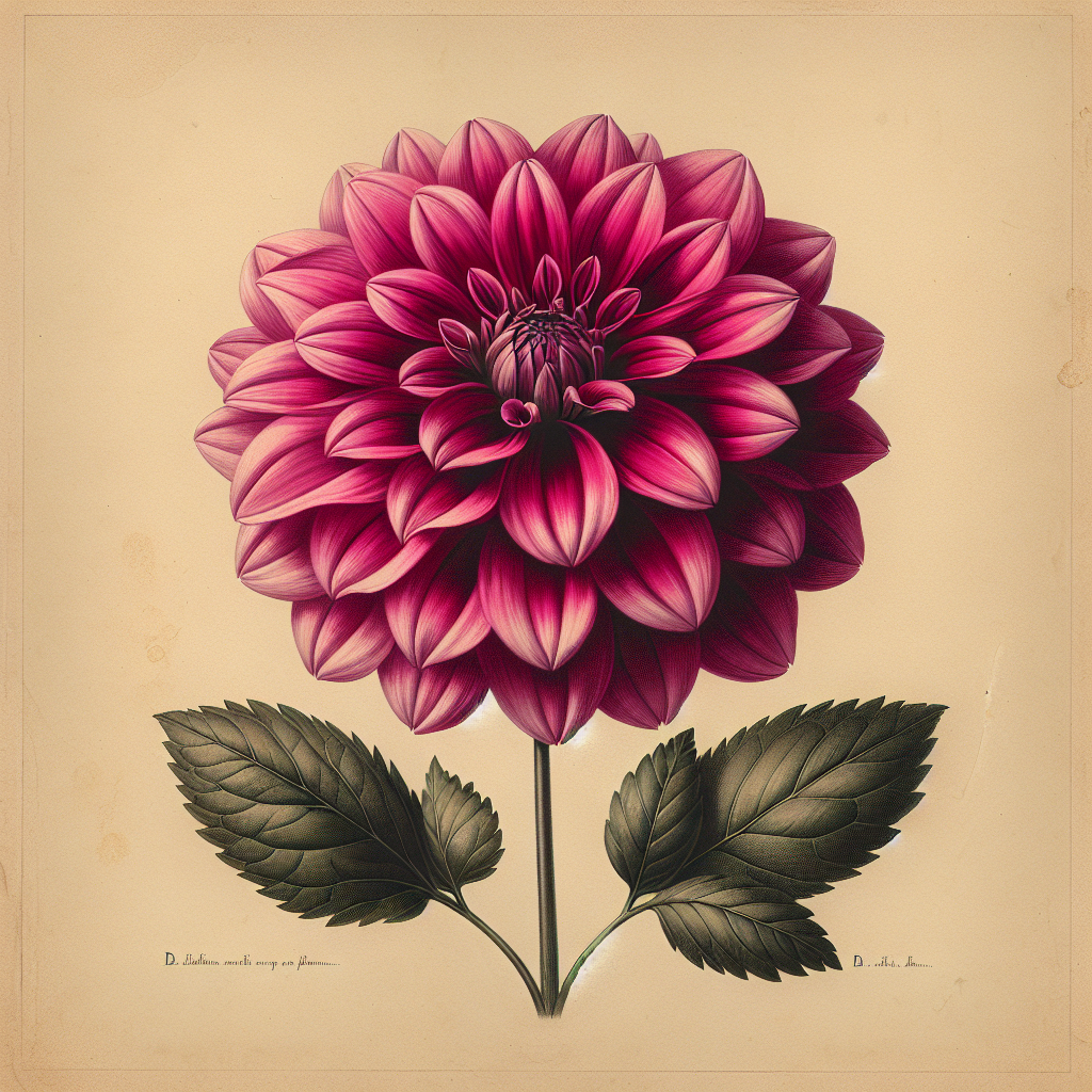 Botanical plate illustration of Clearview Cinnabar dahlia, Dark Pink Formal Decorative