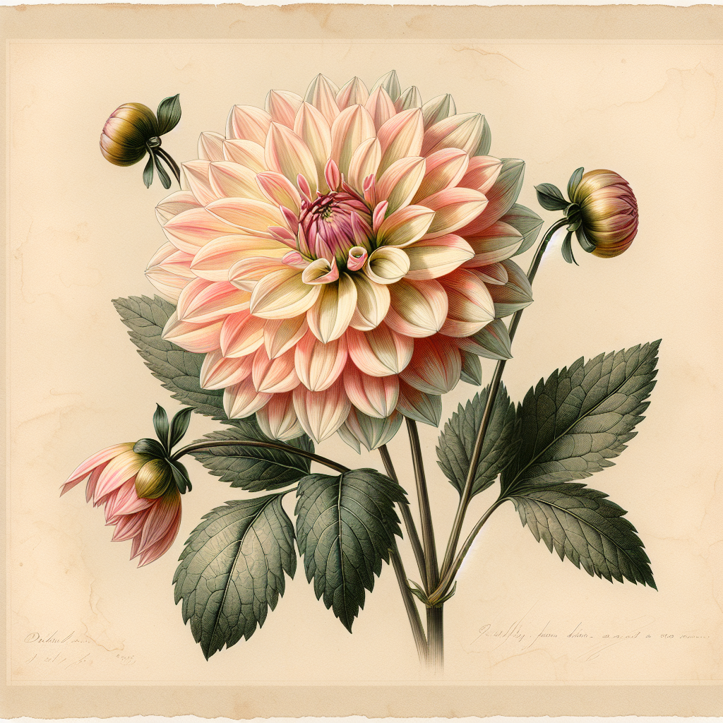 Botanical plate illustration of Clearview Crackerjack dahlia, Light Blend Formal Decorative