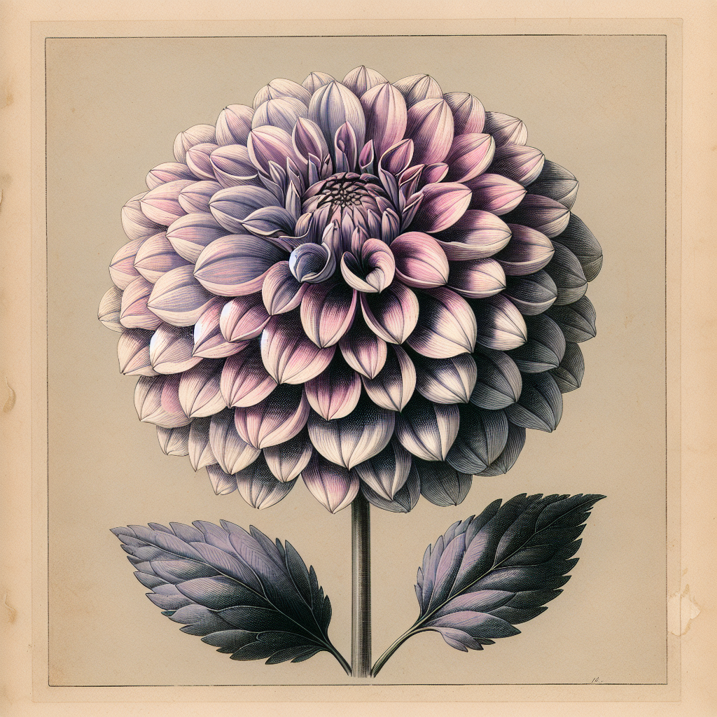 Botanical plate illustration of Clearview David dahlia, Lavender Formal Decorative