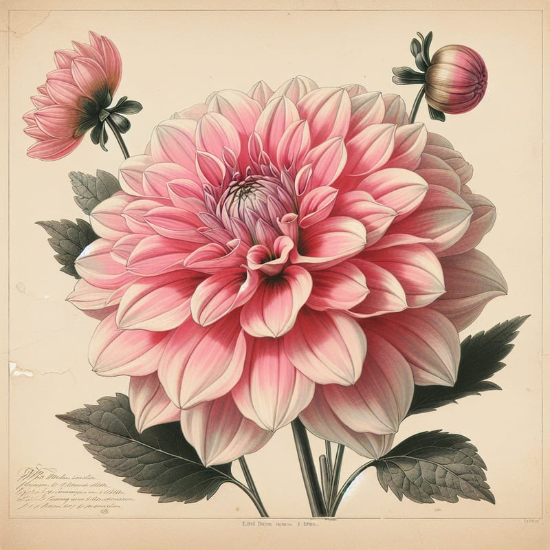 Botanical plate illustration of Clearview Debbie dahlia, Pink Semi-Cactus