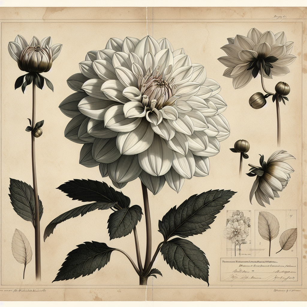 Botanical plate illustration of Clearview Edie dahlia, White Semi-Cactus