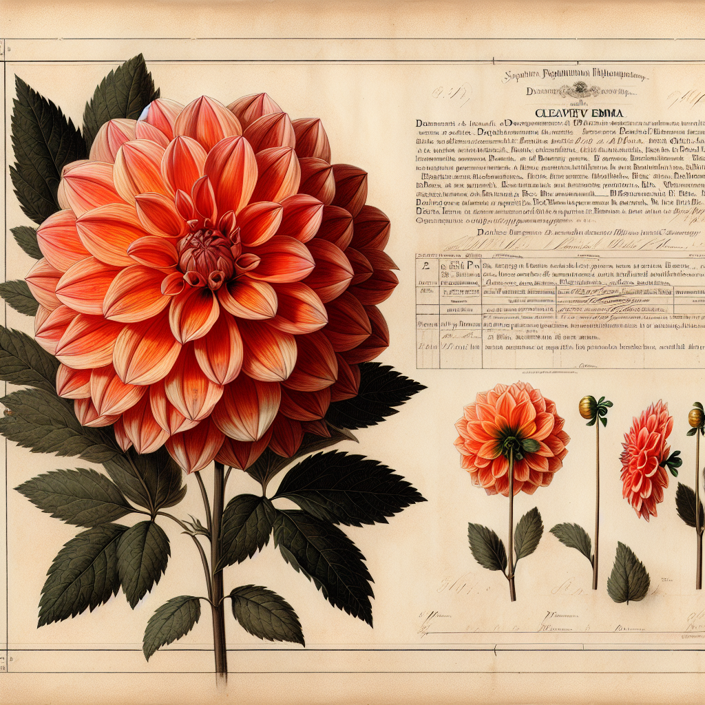 Botanical plate illustration of Clearview Emma dahlia, Orange Formal Decorative