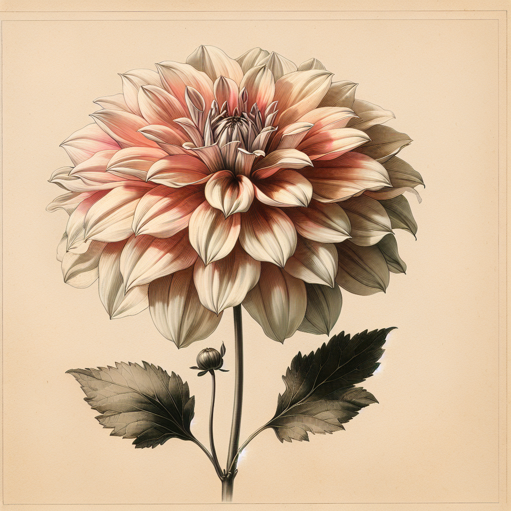 Botanical plate illustration of Clearview Jonas dahlia, Light Blend Semi-Cactus