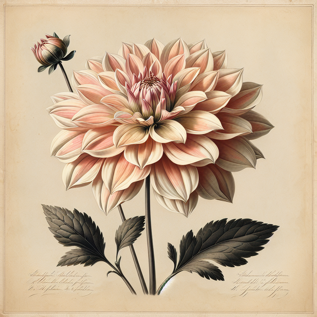 Botanical plate illustration of Clearview Louise dahlia, Light Blend Semi-Cactus