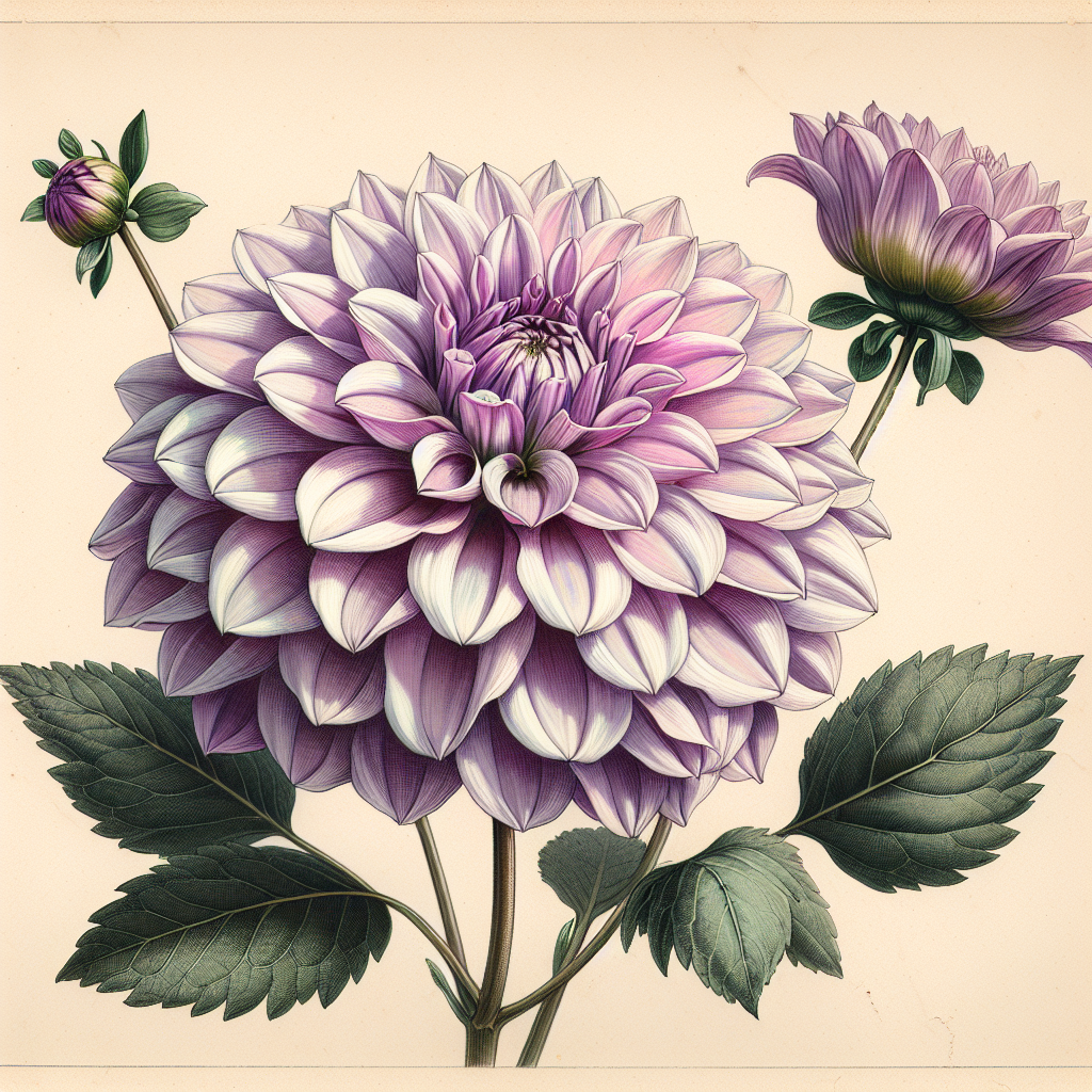 Botanical plate illustration of Clearview Neta dahlia, Lavender Formal Decorative