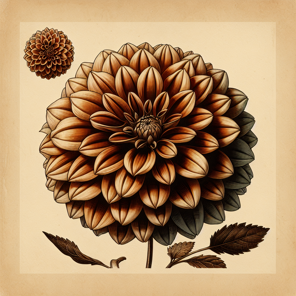 Botanical plate illustration of Clearview Pataha dahlia, Bronze Formal Decorative