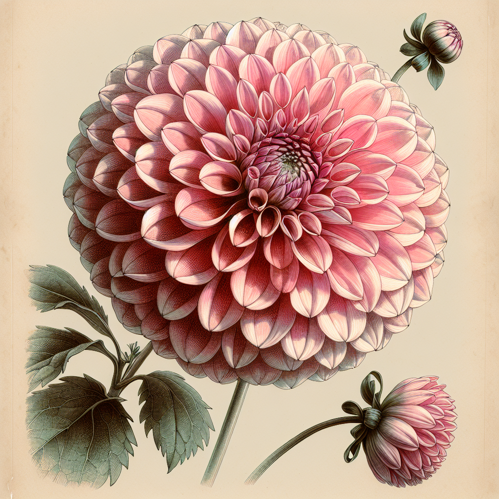 Botanical plate illustration of Clearview Peachy dahlia, Pink Formal Decorative