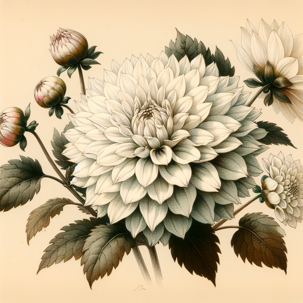Botanical plate illustration of Clearview Sarah dahlia, White Semi-Cactus