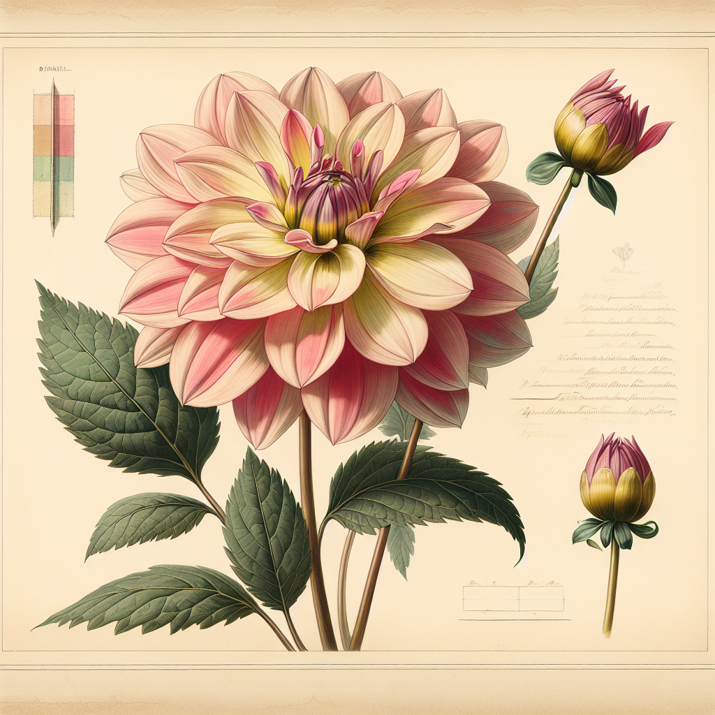 Botanical plate illustration of Color Spectacle dahlia, Bicolor Semi-Cactus