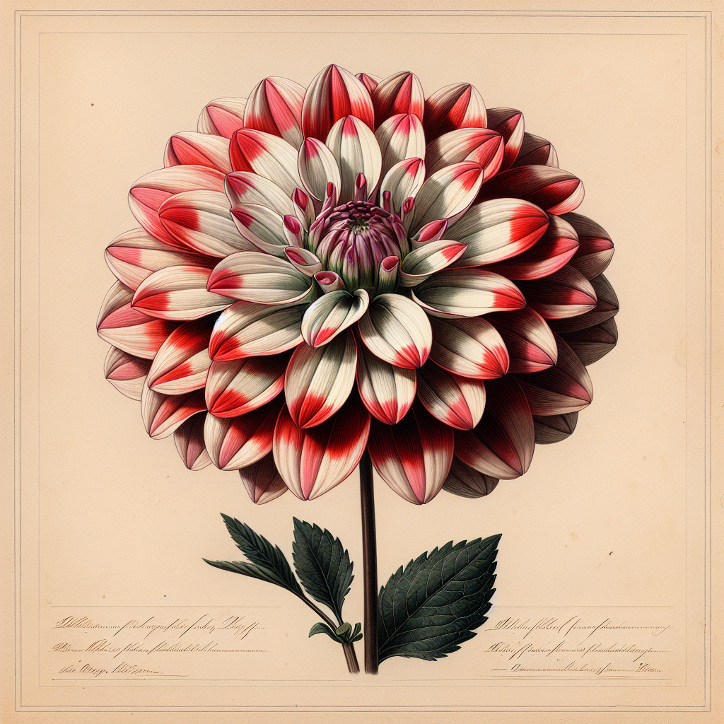 Botanical plate illustration of Contraste dahlia, Bicolor Formal Decorative