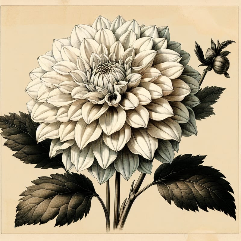 Botanical plate illustration of Coral Sea dahlia, White Formal Decorative