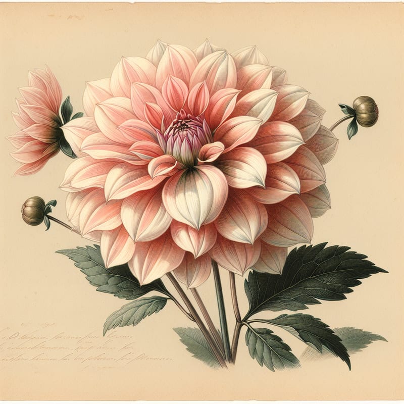 Botanical plate illustration of Coralie dahlia, Light Blend Formal Decorative