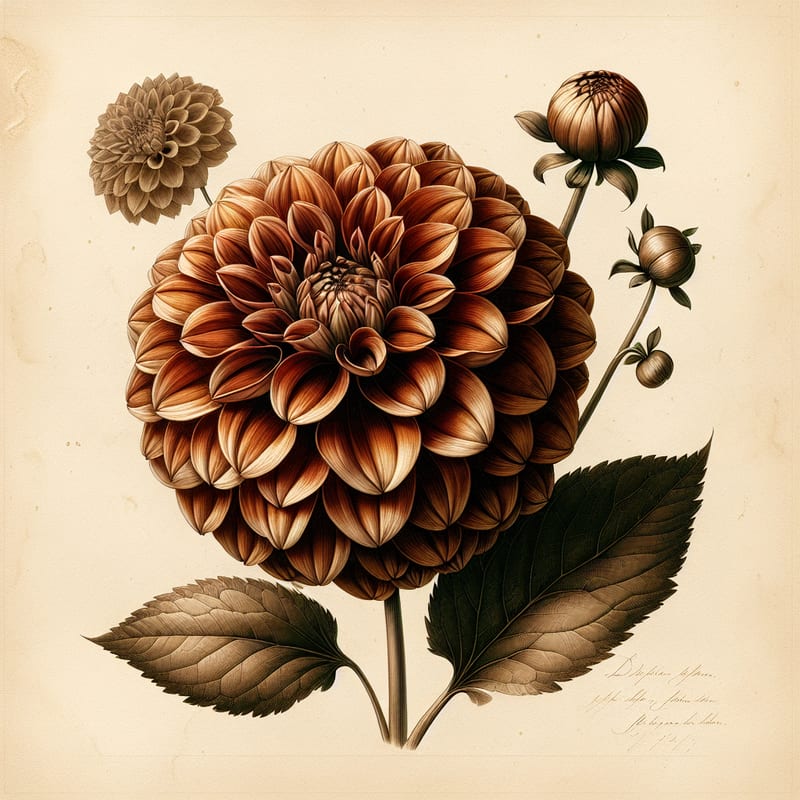 Botanical plate illustration of Cornel Bronze dahlia, Bronze Ball