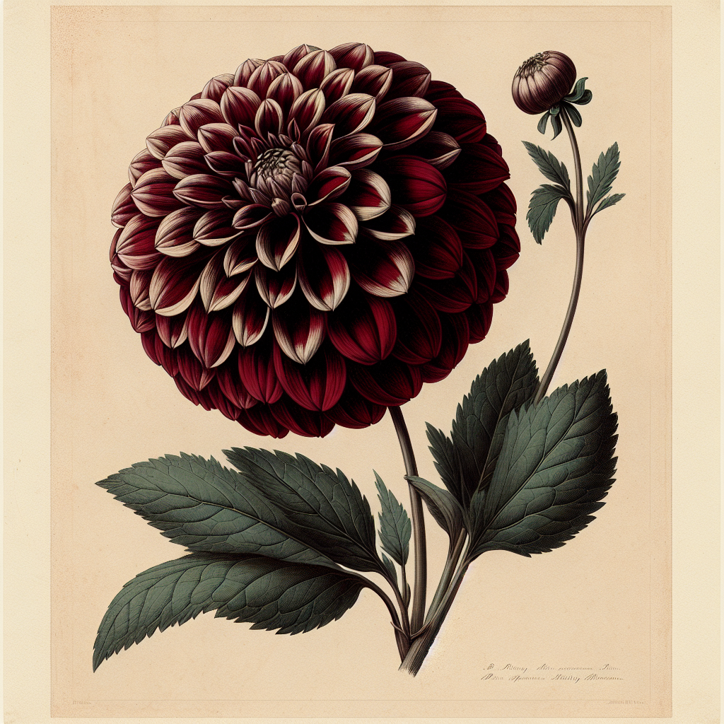 Botanical plate illustration of Cornell dahlia, Red Ball