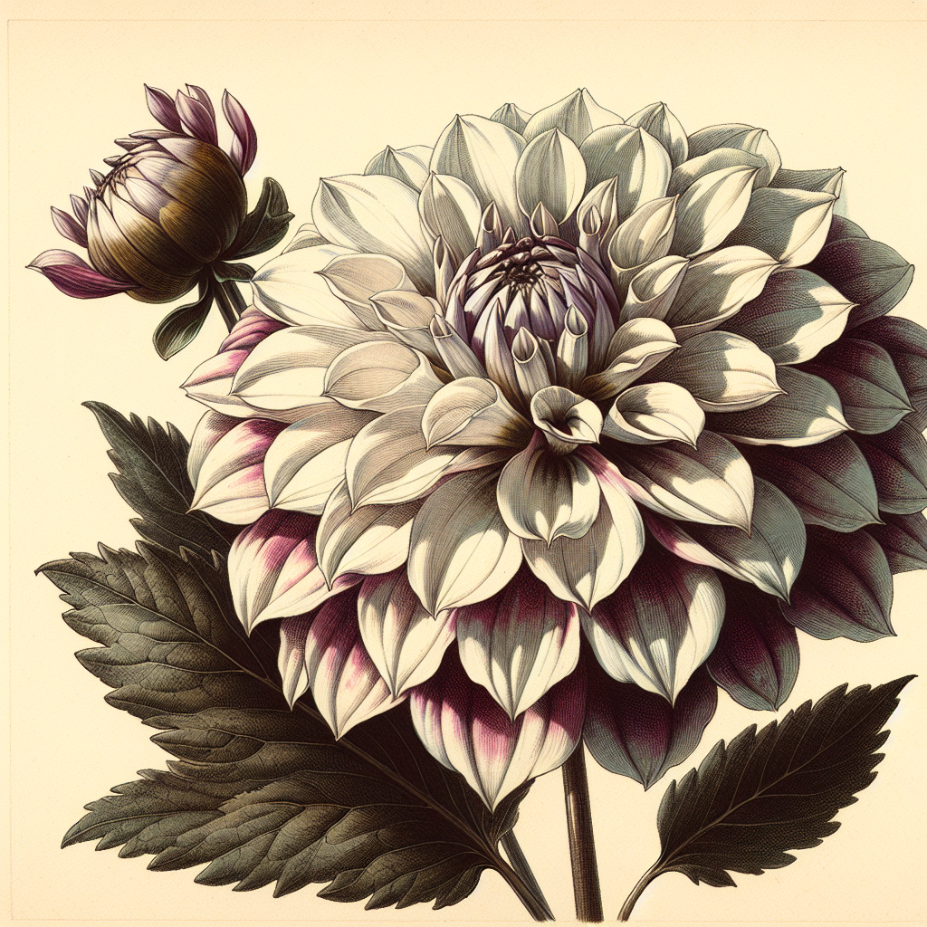 Botanical plate illustration of Crazy 4 Daisy dahlia, Bicolor Informal Decorative