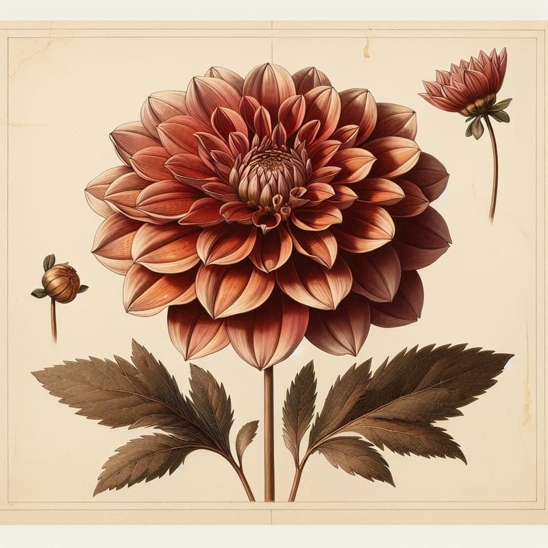 Botanical plate illustration of Creme de Cognac dahlia, Bronze Formal Decorative