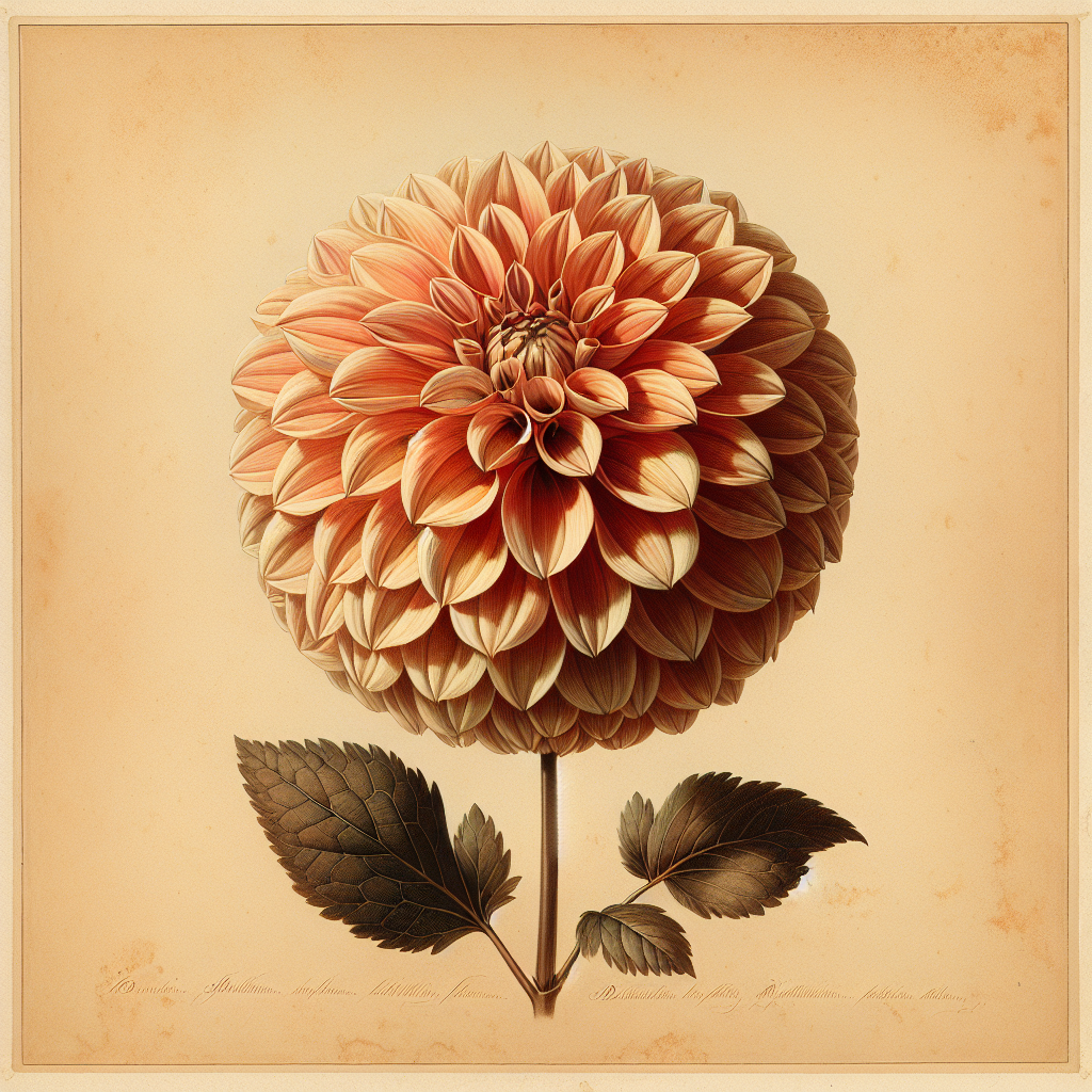 Botanical plate illustration of Crichton Honey dahlia, Bronze Formal Decorative