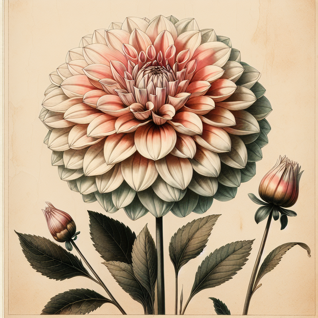 Botanical plate illustration of Cupcake dahlia, Light Blend Waterlily