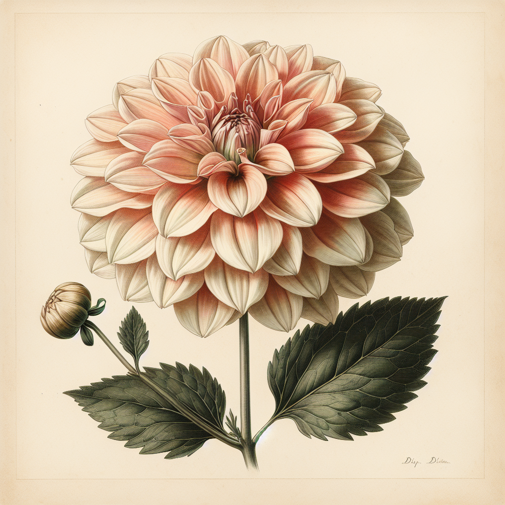 Botanical plate illustration of Daddy's Girl dahlia, Light Blend Informal Decorative