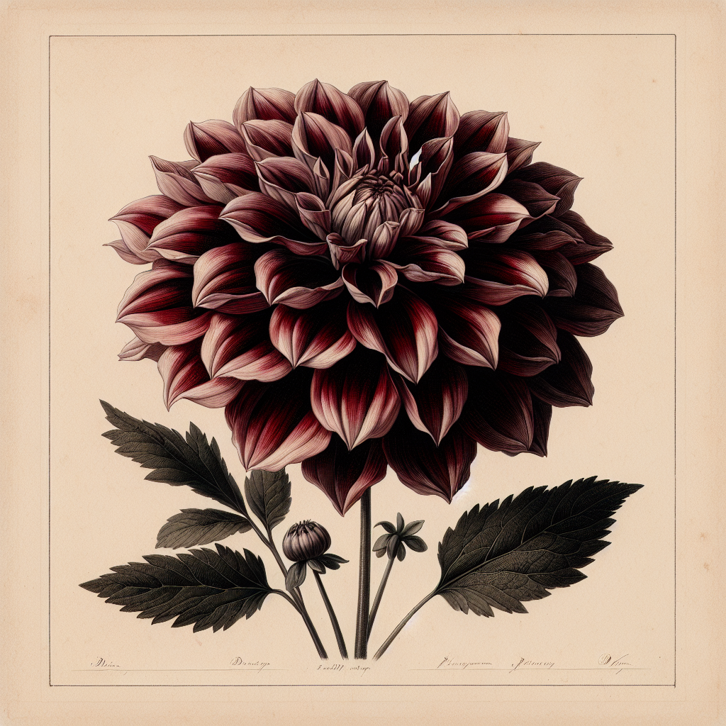 Botanical plate illustration of Dark Desire dahlia, Dark Red Informal Decorative