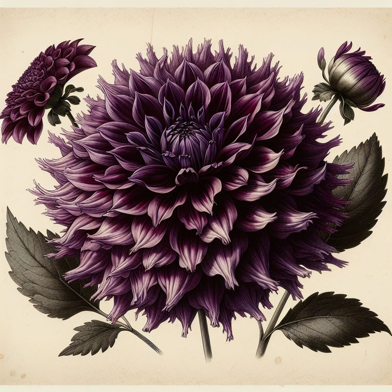 Botanical plate illustration of Dark Destiny dahlia, Purple Laciniated