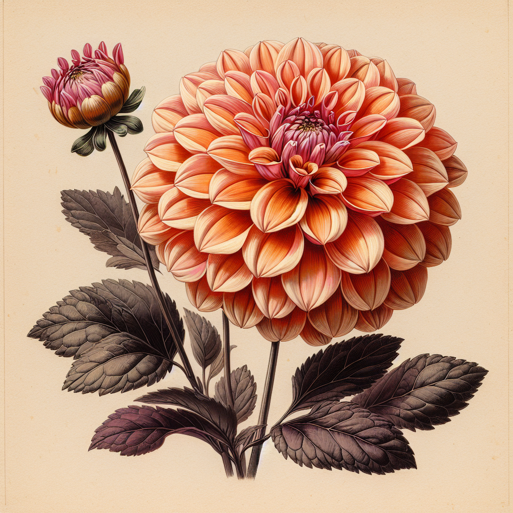 Botanical plate illustration of David Howard dahlia, Orange Formal Decorative
