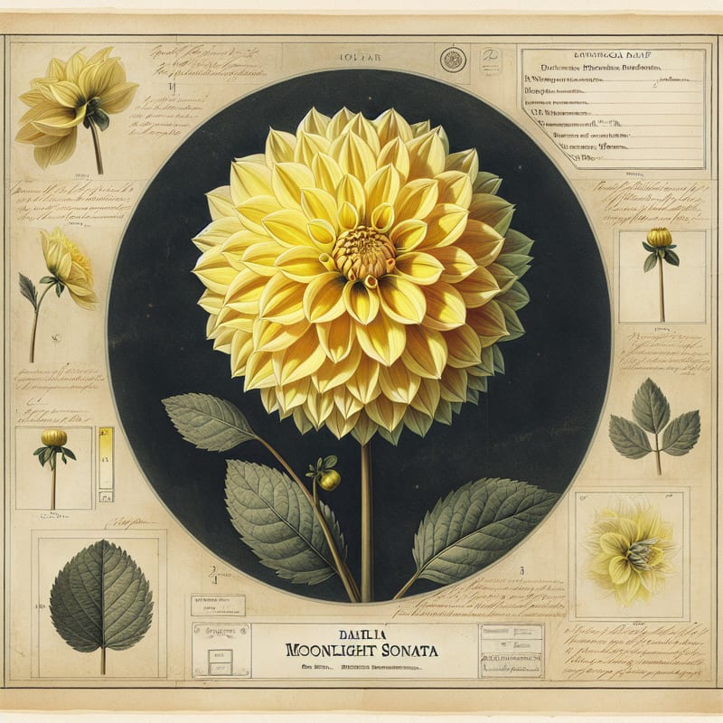 Botanical plate illustration of Dd Moonlight Sonata dahlia, Yellow Formal Decorative