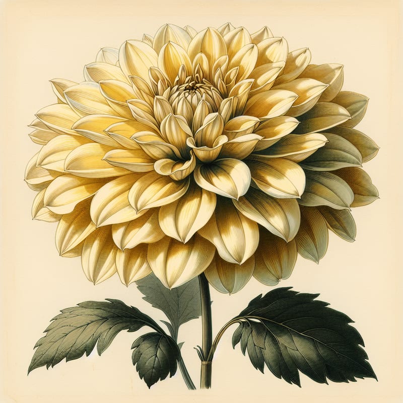 Botanical plate illustration of Decorative Chippendale dahlia, Yellow Formal Decorative