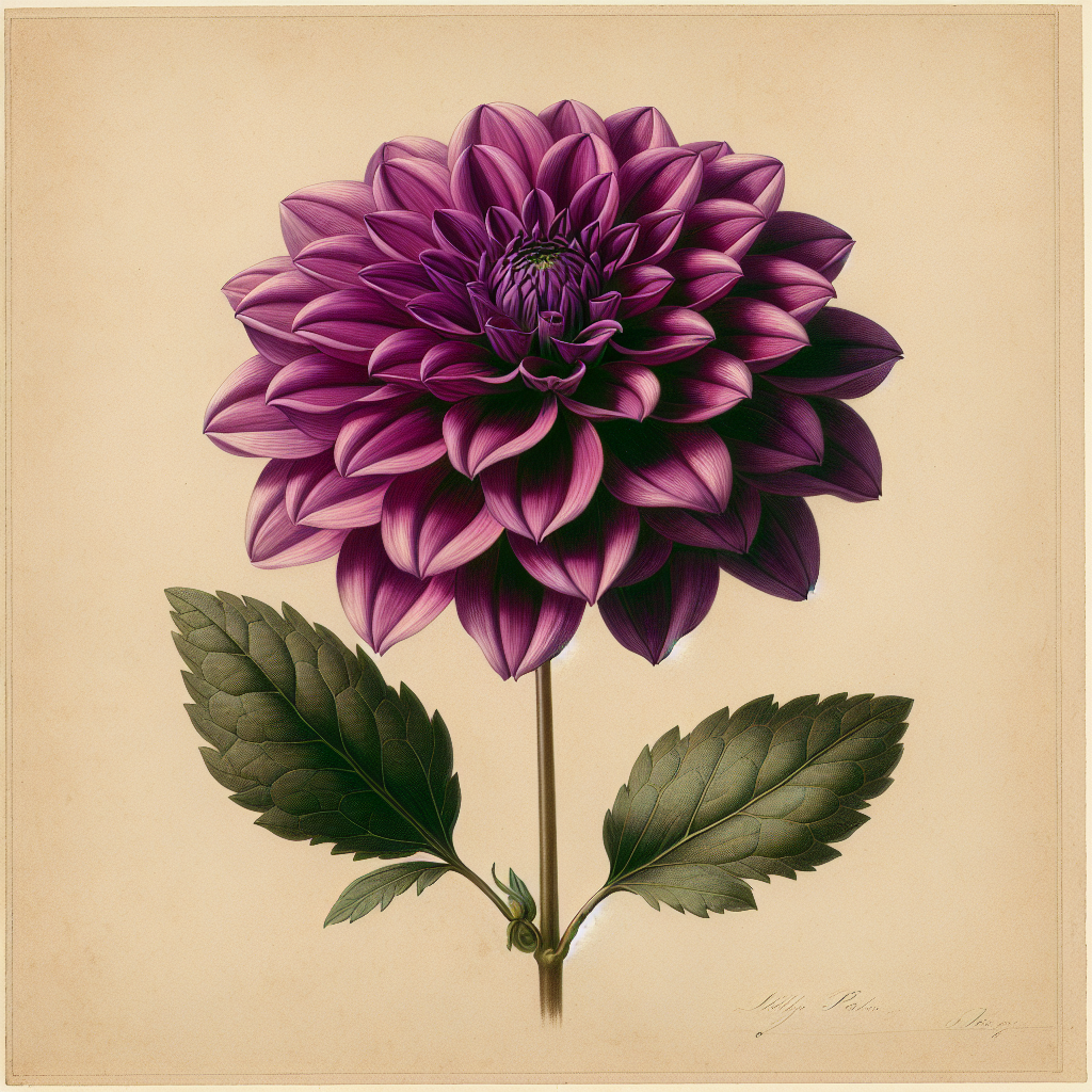 Botanical plate illustration of Diva dahlia, Purple Formal Decorative