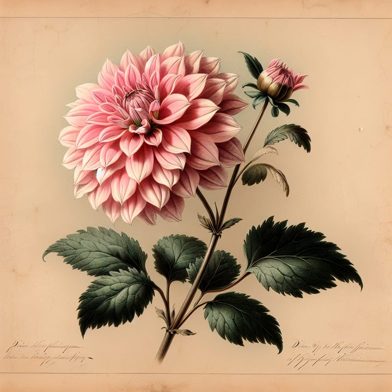 Botanical plate illustration of Divine dahlia, Pink Incurved Cactus