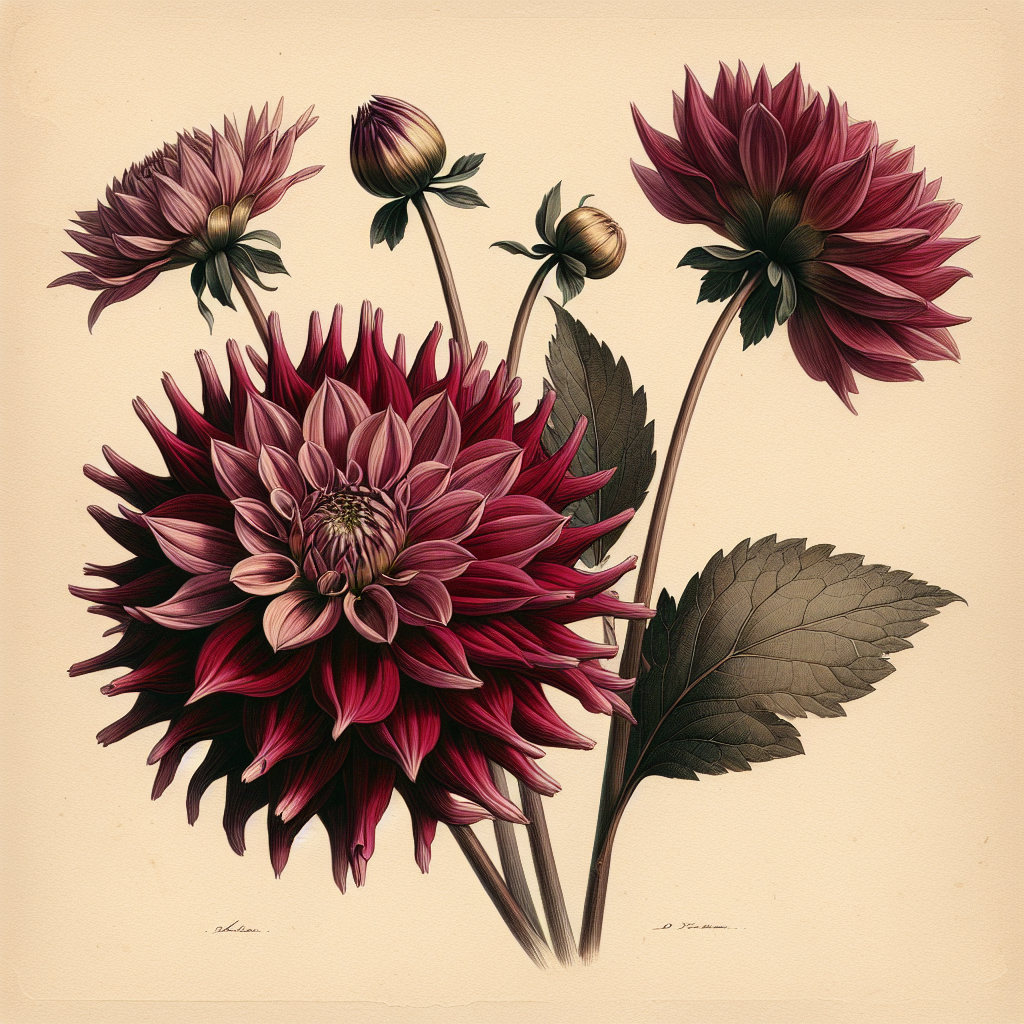Botanical plate illustration of Doris Day dahlia, Dark Red Straight Cactus