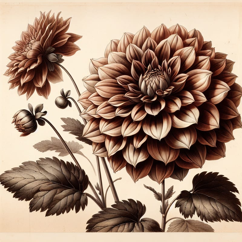 Botanical plate illustration of Dutch Giant dahlia, Bronze Semi-Cactus
