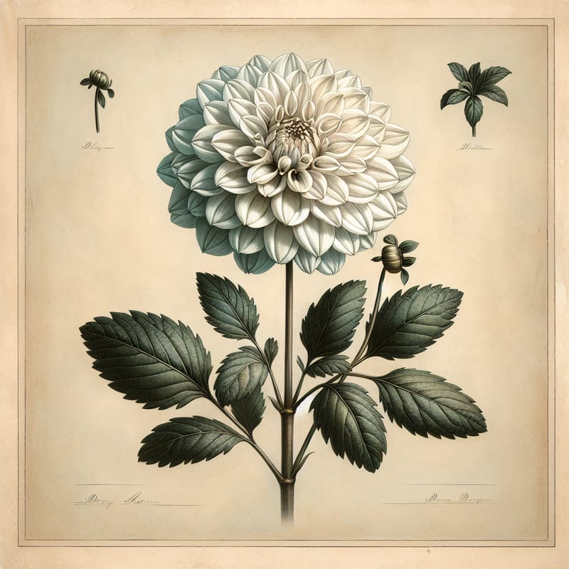 Botanical plate illustration of Eden Alice dahlia, White Formal Decorative