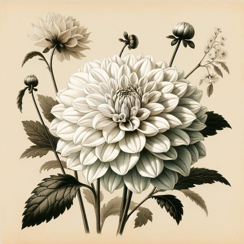 Botanical plate illustration of Eden Benary dahlia, White Informal Decorative